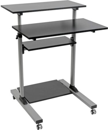 Tripp Lite Rolling Standing Desk/Workstation on Wheels, Height Adjustable, Mobile - 132.28 lb Load Capacity - 4 x Shelf(ves) - Floor - Medium Density Fiberboard (MDF), Steel - Black HEIGHT ADJUSTABLE WORKSTATION